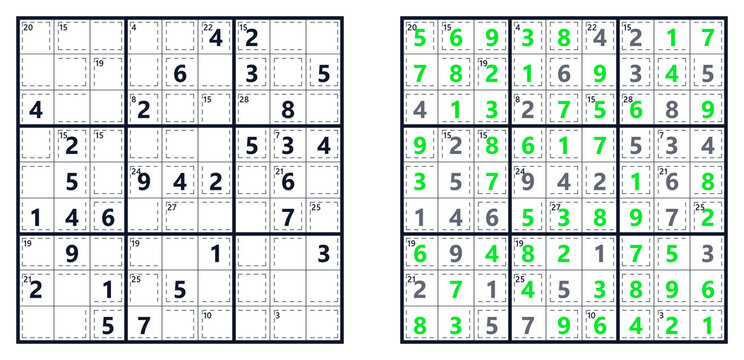 Killer sudoku game with answer key. Printable brain training puzzle.