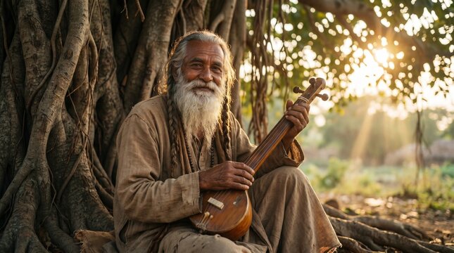 Cinematic portrait of Saint Kabir Das sitting under a banyan tree and holding a traditional string instrument tanpura during golden hour sunrise