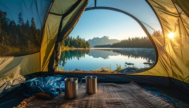 Beautiful view of serene mountain lake at sunrise from inside a camping tent adventure concept