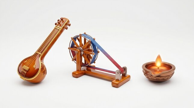 3D glossy icon set for Kabir Jayanti featuring traditional wooden tanpura, charkha spinning wheel, and glowing diya isolated on white background