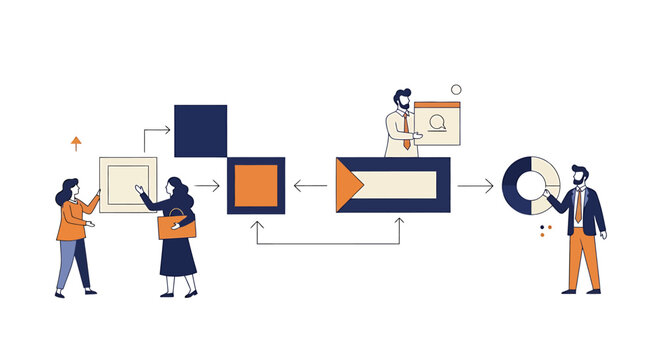 People work together in a digital workplace with flat design elements