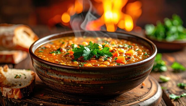 Steaming bowl of hearty lentil soup with fresh parsley garnish served warm in a rustic bowl