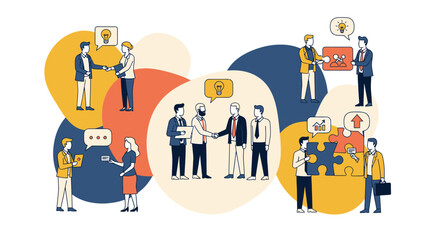 Fototapeta premium Digital workplace team collaborates on flat design project in office