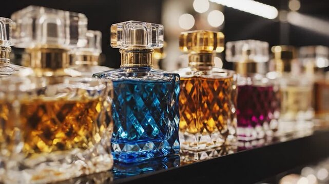 Row of elegant faceted glass perfume bottles with crystal caps on a dark shelf in a luxury boutique