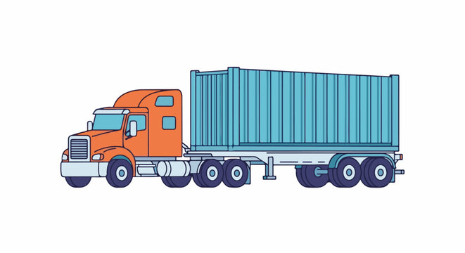 Orange semi-truck with a light blue shipping container on a white background
