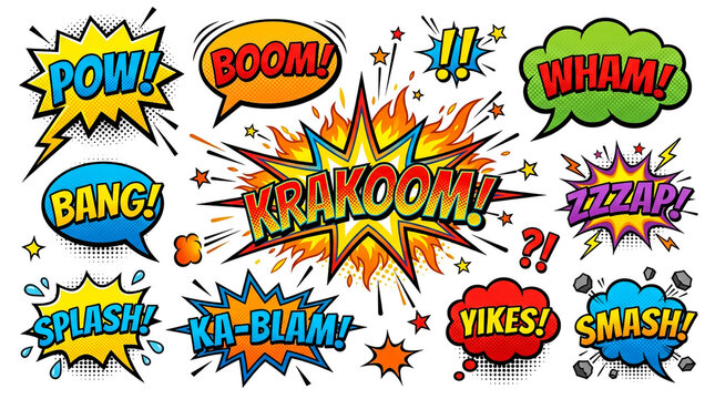 Comic Book Sound Effects and Action Words in Speech Bubbles
