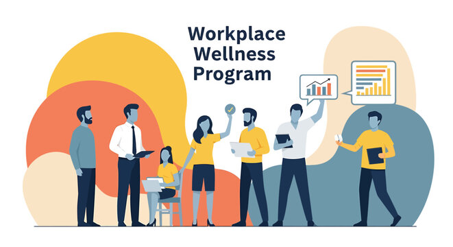 People in a digital workplace with flat design elements for wellness program