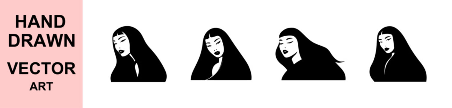 Minimalist Asian Woman Portrait Silhouette Vector Illustration With Long Straight Hair Fashion Beauty Female Face Elegant Modern Design Icon Artwork for Branding Beauty Salon Projects