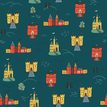 Medieval castles vector seamless pattern