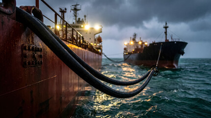 Obraz premium Russian shadow fleet oil tankers performing ship to ship cargo transfer of crude oil at open sea during storm. 