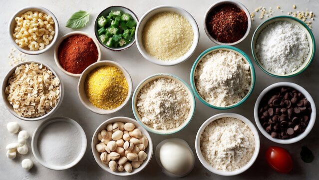 Pre measured recipe ingredients arranged in bowls for baking preparation, cooking workflow and culinary education concepts