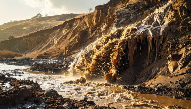 Turbulent mudflow cascades forcefully down a steep, eroded hillside into a churning river, showcasing nature's raw power and geological forces.