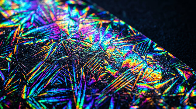 vibrant neon holographic rainbow foil texture with selective focus showing colorful iridescent geometric crystal pattern on dark background