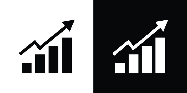 Progressive bar chart with a curved upward moving arrow. Clean corporate growth and financial development symbol on split backgrounds.