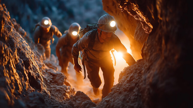 Cave Exploration: A group of adventurers in helmets with headlamps navigate a narrow, rugged cave passage, illuminated by warm, glowing light, hinting at discovery and the thrill of the unknown.