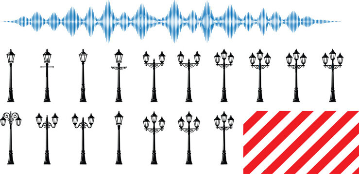 Collection of vintage street lamp silhouettes featuring a blue audio soundwave pattern and red warning hazard stripes in image