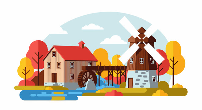 Rustic mill and windmill scene with autumn foliage and flowing water
