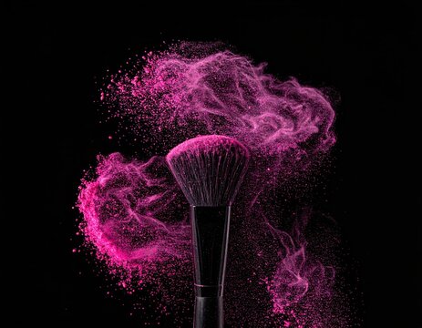 Makeup brush with pink powder dust on black , cosmetic powder swirl, beauty product concept, studio promo