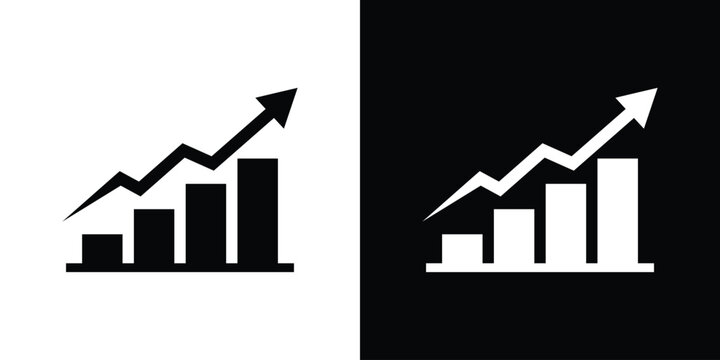Progressive bar chart with a curved upward moving arrow. Clean corporate growth and financial development symbol on split backgrounds.