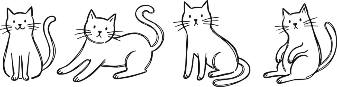 Hand drawn cartoon cat doodle illustration set featuring cute domestic felines in various sitting and stretching poses in image
