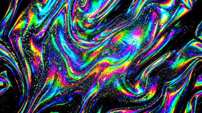 vibrant neon holographic seamless liquid foil texture showing colorful iridescent marble swirls and metallic oil slick wave pattern on dark background