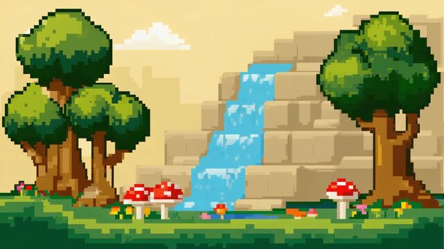 Pixel art forest landscape with waterfall and trees in natural daytime lighting for game development