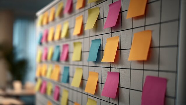 Colorful sticky notes arranged on planning board representing project management, scheduling and creative brainstorming workflow