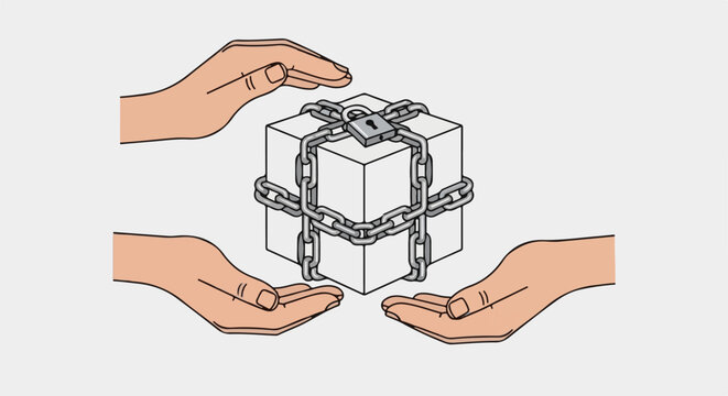 Hands cradle a locked, chained box with protective gestures
