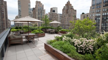 Fototapeta premium Urban Oasis Rooftop Terrace with Lush Greenery, Seating Areas, and City Skyline Views