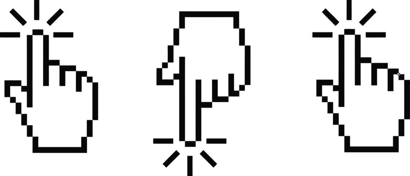 Pixel art cursor click hand icons set