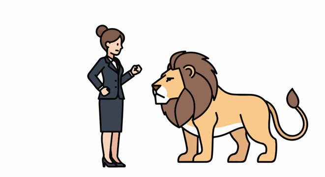 A woman in a business suit faces a majestic lion