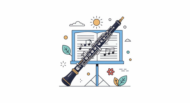 Oboe rests on a music stand with sheet music, sun, clouds, and leaves