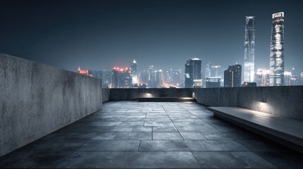 Obraz premium Modern city rooftop terrace at night with illuminated skyscrapers and expansive urban skyline