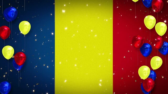 Loop, winner, award, Chad flag, national flag, celebration, event, soccer, football, basketball, background, player introduction, confetti, red, blue, yellow, balloons, copy space, Chad.