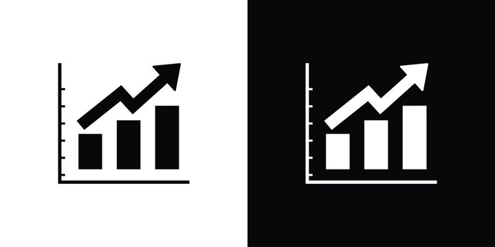 Step bar chart on coordinate axes with a curved upward arrow showing positive growth. Graphic icon set representing economic progress and data.