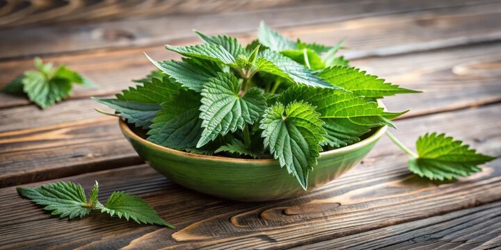 A vibrant bowl of freshly picked stinging nettle leaves sits on a rustic wooden surface, showcasing the plant's vibrant green hue and delicate texture.