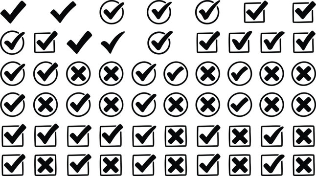 check, checkmark, tick, x, cross, yes, no, approve, reject, icon, symbol, sign, graphic, design, interface, ui, ux, feedback, validation, black, white, simple, minimal, flat, vector, illustration
