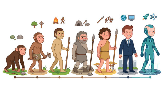 Evolution of human from ape to modern person and robot technology concept vector graphic.
