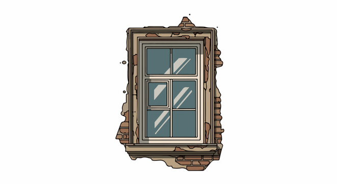 Cracked brick wall surrounds a grimy, multi-paned window frame