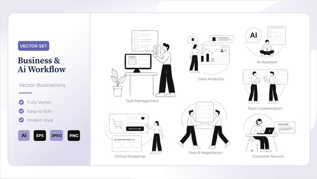Business and ai workflow vector illustrations for digital marketing