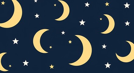 Naklejka premium Paper Cut Style Night Sky Pattern with Yellow Crescent Moons and Stars on Navy Blue Background