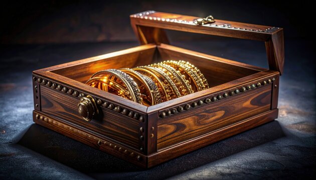 Exquisite collection of ornate gold bangles revealed within a handcrafted antique wooden treasure box