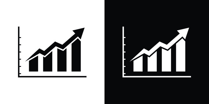 Step bar chart on coordinate axes with a curved upward arrow showing positive growth. Graphic icon set representing economic progress and data.