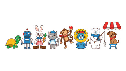 Cute cartoon animal collection featuring turtle robot bunny cat monkey lion bear and dog. © MdJubayer
