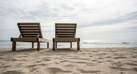 Fototapeta premium Two empty wooden lounge chairs on a sandy beach facing the ocean under a cloudy sky