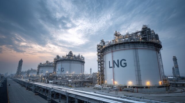 Massive LNG storage tanks and industrial infrastructure at a large-scale liquified natural gas facility under a dramatic sky