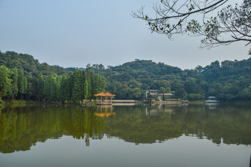 Naklejka premium Xiqiao Mountain Lake Scenic Area, Foshan China with Traditional Pavilion