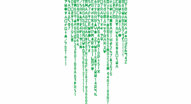 Green digital rain, a cascade of cryptic characters, symbols, and numbers
