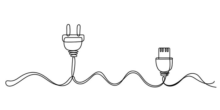 Continuous one line drawing of electric plug and usb cable