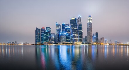 Obraz premium Modern City Skyline at Dusk with Bright Lights Reflecting on Calm Water